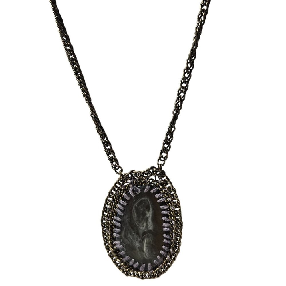 Vintage Marbled Stone Oval Pendant Necklace Braided Chain Fashion Jewelry Women
